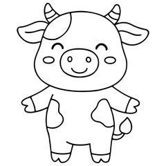 Obraz premium A charming dairy cow character with little horns and patches. This farm animal illustration is perfect for early childhood learning and agricultural-themed coloring activities.