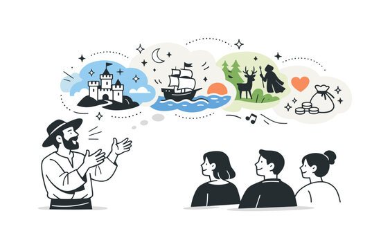 Expressive Folklore Storytelling. Folklore narration. A storyteller using expressive gestures while listeners imagine scenes, shown as soft abstract shapes and