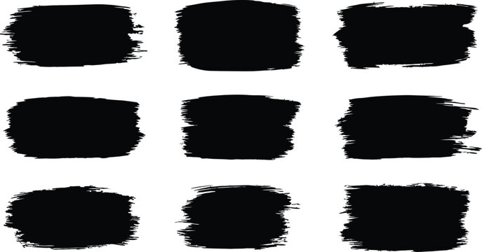 Nine Black Brush Stroke Shapes on White Background paint texture