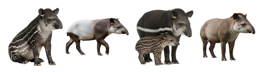 Fototapeta premium A group of tapirs standing on a transparent background, showcasing their unique characteristics