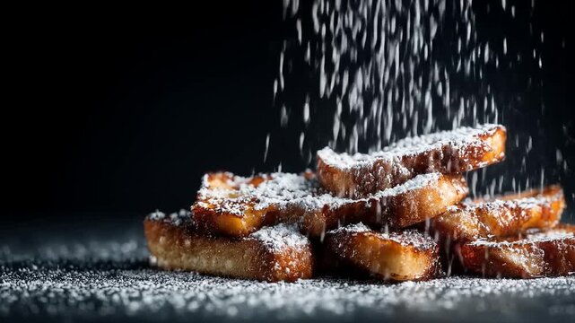 Golden-brown French toast slices dusted with powdered sugar against a dark background