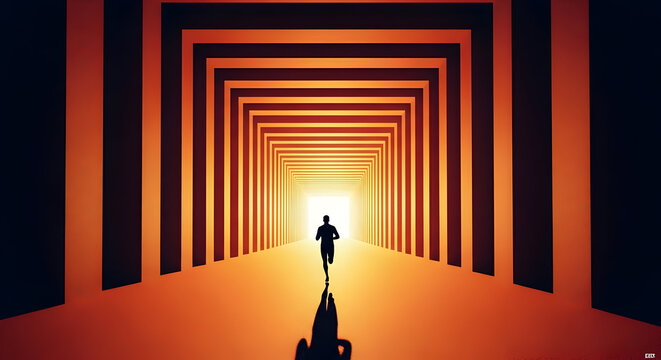 Silhouette of a Person Running Towards the Light at the End of a Tunnel.