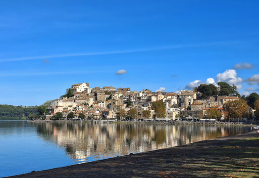 Scenic view of the village of Anguillara on Lake Bracciano