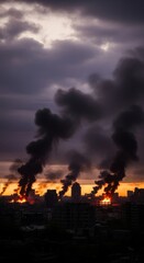 Fototapeta premium Thick Smoke Plumes Rise From Burning Cityscape at Dusk