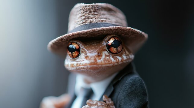 A whimsical image of a frog dressed in a suit and hat, humorously portraying human characteristics that blend nature with fantasy, evoking amusement and creativity.