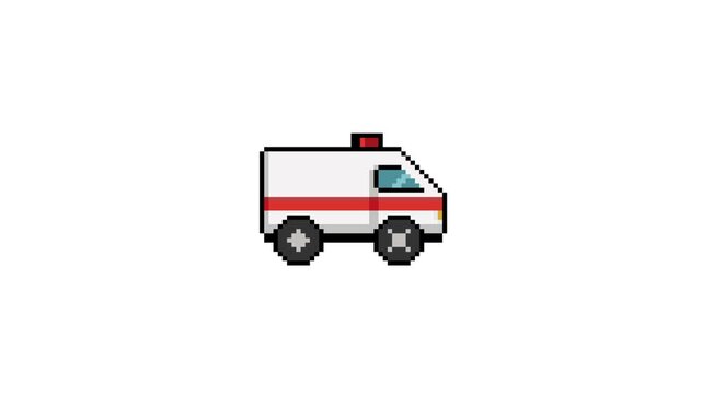 8bit Pixel Art Ambulance Looping Animation on White Background &ndash; Retro Emergency Vehicle Sprite