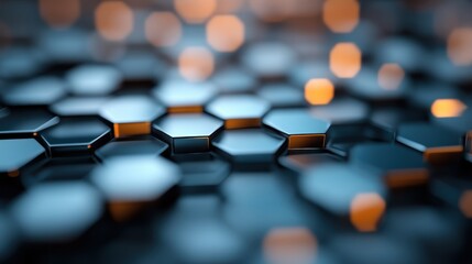 Fototapeta premium This mesmerizing close-up features a honeycomb pattern in dark hues adorned with warm glowing highlights, reflecting modern design aesthetics and technology.