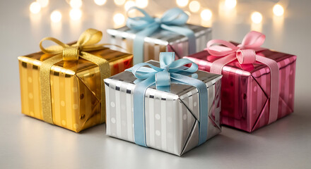 Obraz premium Three elegantly wrapped gifts in gold silver and pink with ribbons on a reflective surface with bokeh lights
