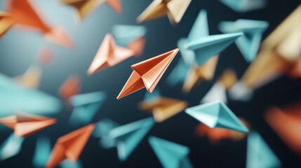 A delightful array of colorful paper airplanes captures the imagination, representing creativity and freedom as they soar through a dreamy, abstract background of space.