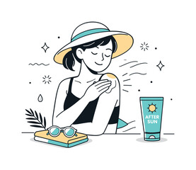 After sun lotion. Person gently applying after sun lotion to skin in a relaxed editorial scene. Theme of self-care, cooling relief, and