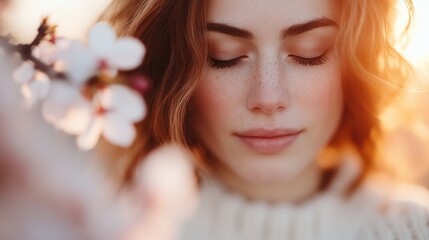 Naklejka premium An intimate capturing of a woman's serene face surrounded by delicate cherry blossoms, symbolizing beauty, tranquility, and the ephemeral nature of life and emotions at a golden hour.
