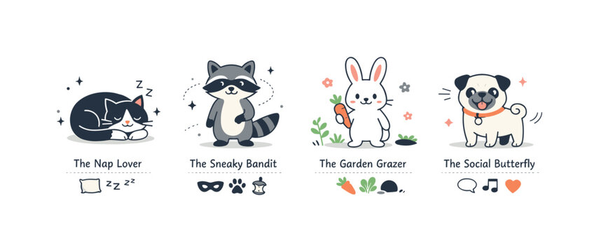 Animal personalities and quirks. An editorial-style lineup of animals presented like personality profiles, with small icons and symbols