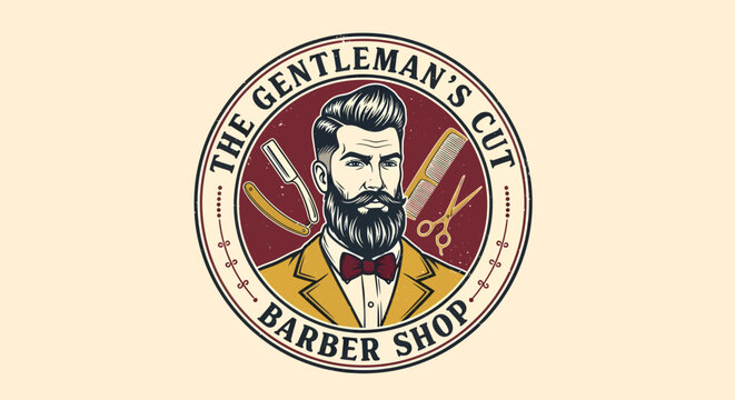 Vintage barber shop logo featuring a stylish bearded gentleman.
