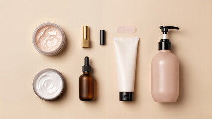 Obraz premium Skincare flat lay set on beige background: cream jars, amber dropper serum bottle, blank cosmetic tube, pump dispenser and lipstick parts. Minimal beauty packaging mockup.