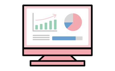 業務データや売上を分析や可視化するデスクトップパソコンのビジネスイラスト