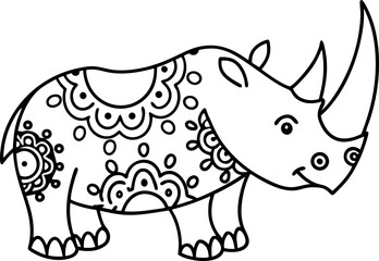 Fototapeta premium decorative rhinoceros illustration with floral and ornamental patterns for coloring and design