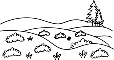 Fototapeta premium Black and white hand drawn landscape with hills, bushes, and pine trees in simple line art