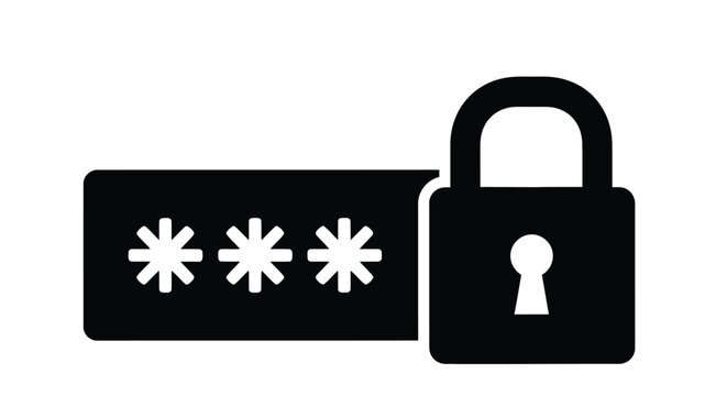 Black padlock icon with a rectangular field displaying asterisks for password entry
