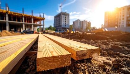 Sunny construction site with wood in focus and buildings in the background under bright sunlight