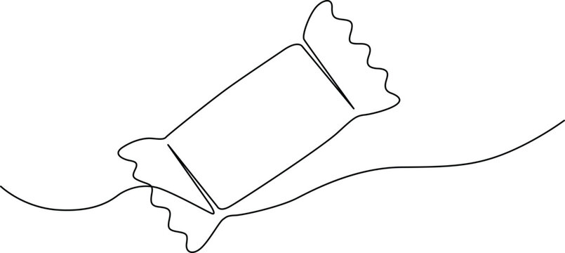A detailed outline of a candy bar wrapper with a wavy edge and a tear open tab. Vector