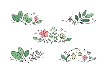 Obraz premium Serene Botanical Design. Botanical composition pieces. Floating leaf clusters, tiny florals and natural outlines arranged with rhythm and simplicity. Fresh and