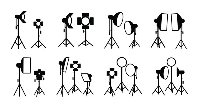 Various studio lighting equipment illustrated in a black and white graphic