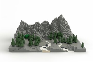Fototapeta premium 3D isometric view of gray mountains with green trees in Lego style on white background, miniature landscape illustration