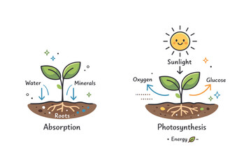 Botany education concept. A plant diagram with sunlight icons and subtle labels, explaining absorption and photosynthesis in a friendly