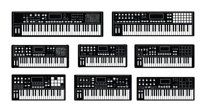 Collection of black music synthesizers with keyboards and digital displays