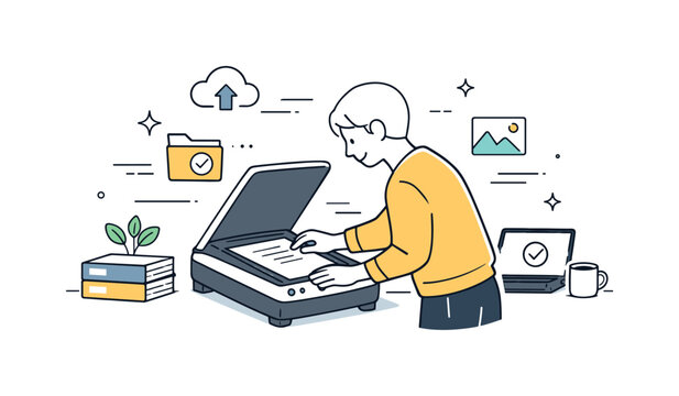 Scanning documents. A person placing papers into a flatbed scanner, calm office mood showing organization and digital workflow with light