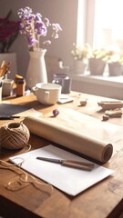 Sunny, cozy desktop scene with craft paper roll, pen, and floral decor, bathed in warm natural window light