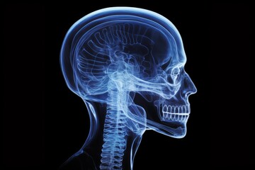 Human skull and brain xray scan showing anatomy and nervous system structures