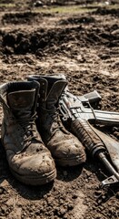 Worn Military Boots and Rifle Caked in Dirt