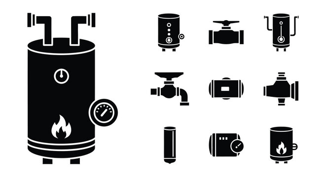 Black silhouettes of water heaters valves and related plumbing components