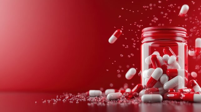 A jar filled with red and white capsule pills spills onto a reflective surface, symbolizing health and well-being amidst dynamic motion and vibrant colors.