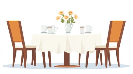 Round Table with Chairs and Flowers, Restaurant Setting, Indoor Dining Area, Illustration