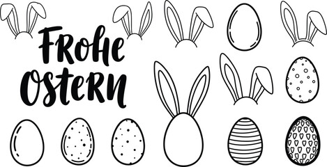 Frohe Ostern Easter Outline Illustration Set with Bunny Ears, Eggs, Hand Drawn Doodles, and German Holiday Typography for Spring and Easter Designs