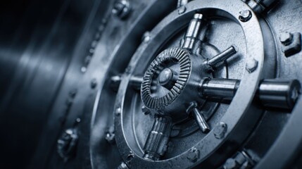 Close up of a heavy steel vault door showing intricate details