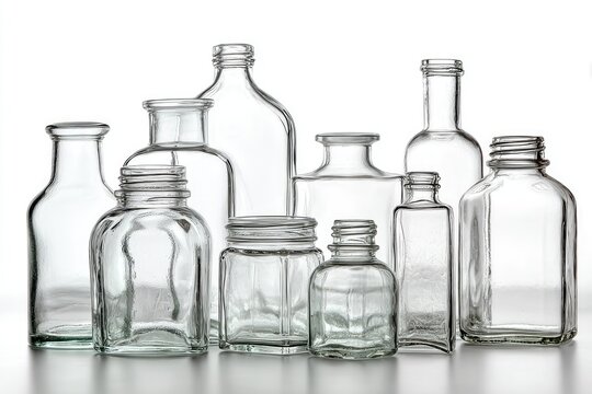 A collection of various empty clear glass bottles and jars, arranged on a white surface