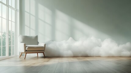 A contemporary interior featuring a minimalistic design, accentuated by a whimsical cloud decor, creating a tranquil atmosphere perfect for relaxation and creativity.