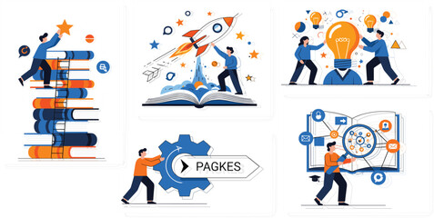 Fototapeta premium Modern Flat Illustration Set of Education, Learning, Innovation, Startup, Knowledge Growth, Teamwork, and Creative Business Concept Scenes for Web and Apps