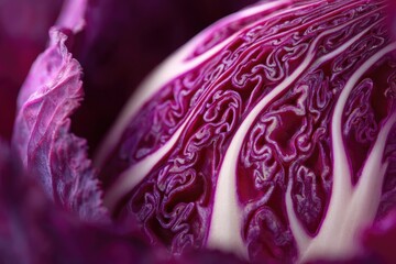 Obraz premium Macro view of vibrant purple cabbage layers, showcasing intricate organic patterns