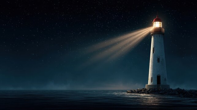 Lighthouse shining beam across the dark ocean at night