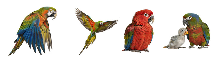 Fototapeta premium A group of colorful parrots and a small white bird on a transparent background