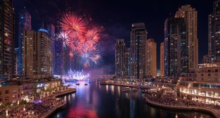 Obraz premium Vibrant fireworks explode over a modern cityscape at night, reflecting in the water