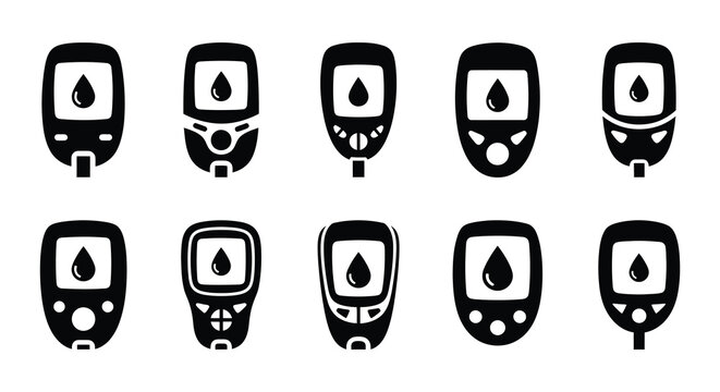 Black and white icons depicting blood glucose meters with varying readings