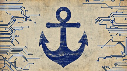 A blue anchor is on a white background with a lot of wires. The anchor is the main focus of the image, and it is a symbol of stability and security
