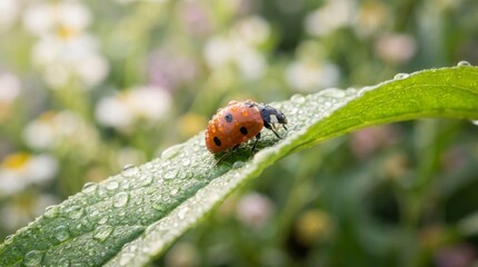 Obraz premium Ladybug Crawling on Dewy Green Leaf in Nature