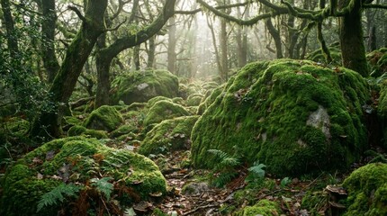 Obraz premium Lush green moss covers ancient rocks in a misty forest