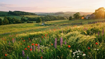 Fototapeta premium Lush Green Meadow with Wildflowers at Sunset